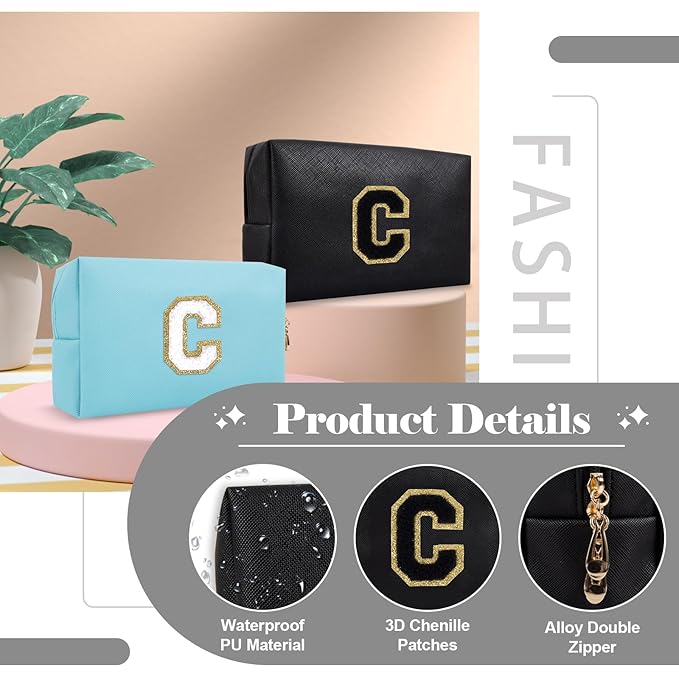 Personalized Initial A-Z Preppy Patch Makeup Bag,Small PU Chenille Letter Cosmetic Bag with Zipper for Teen Girls,Black Cute Toiletry Organizer Bag,Monogram Makeup Case Gift for Women Girls,Letter C