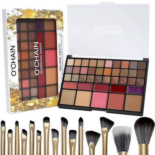 O'CHAIN 40 Colors Makeup Palette Set, with 30 Eye Shadows, 5 Lipsticks, 5 Face and 15 Professional Makeup Brushes, Vegan & Cruelty-Free, for All Skin Tones Beauty Kit