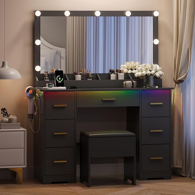 Makeup Vanity with Large Lighted Mirror and Chair, 7 Drawers Vanity Makeup Desk Table with Power Strip, Adjustable Lighting, and Cushioned Storage Stool for Women, Girls