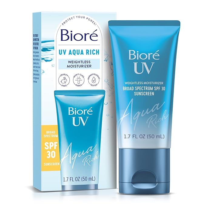 Biore UV Aqua Rich SPF 30 Daily Moisturizer Sunscreen for Face, For Sensitive Skin, Oil Free, Hyaluronic Acid, Vegan, Oxybenzone & Octinoxate Free, Dermatologist Tested, 1.7 Oz