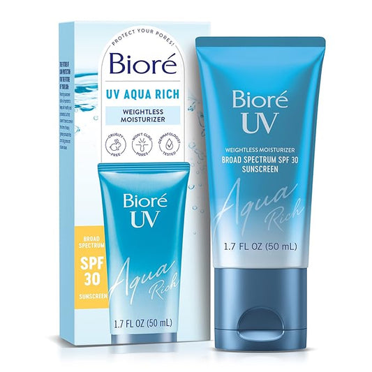Biore UV Aqua Rich SPF 30 Daily Moisturizer Sunscreen for Face, For Sensitive Skin, Oil Free, Hyaluronic Acid, Vegan, Oxybenzone & Octinoxate Free, Dermatologist Tested, 1.7 Oz