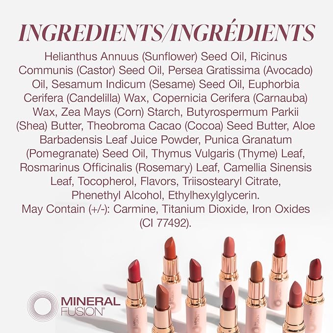 Mineral Fusion Long-Lasting Lipstick, Vivid & Smudge-Free Lip Color with Avocado Oil, Cocoa Seed Butter, Free of FD&C Dyes, Paraben and Gluten, Passion Punch