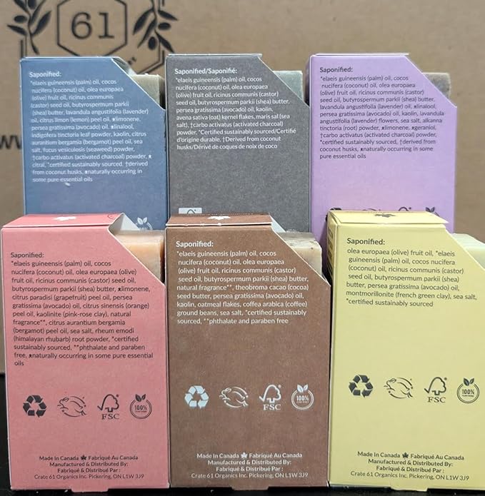 Crate 61 Organics, Handmade in Canada, Plant Based Cold Process Natural Bar Soap, With Premium Essential Oils, Dry Skin, Pack of 6 (Citrus)