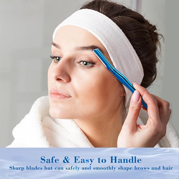 Eyebrow Razor for Women and Men, Face Razors for Women, Dermaplane Razor with Protective Silicone Cover, Reusable Metal Handle with 6 Refill Blades, Skin Care Tool - Blue