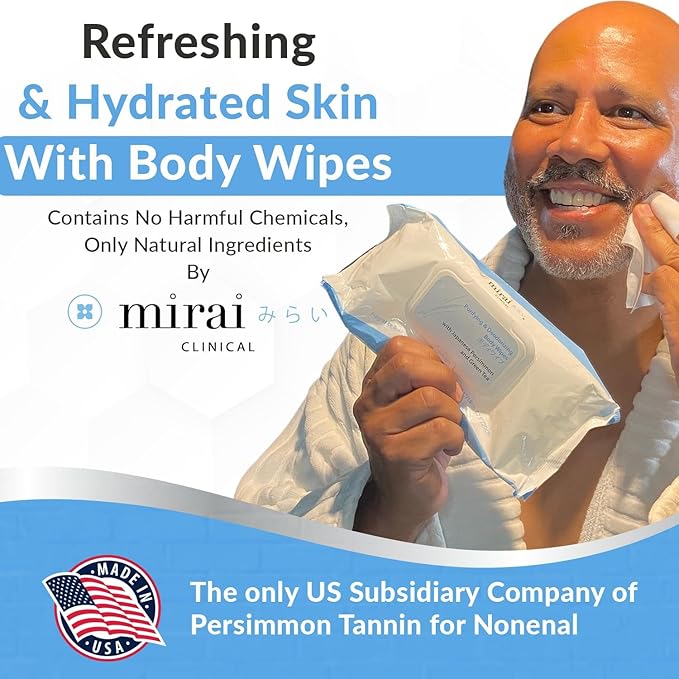 Mirai Clinical's Deodorizing Body Wipes for Women & Men - Cleansing & Refreshing Deodorant Wipes Women & Men Love - Fights Nonenal Body Odor - For Whole Body Usage - Unscented - 3 packs.