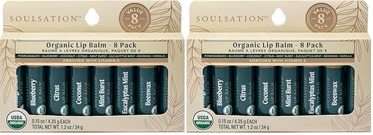 Organic Lip Balm Set, 8 Flavors - Moisturizing for Cracked & Dry Lips, For Men & Women (Pack of 2)