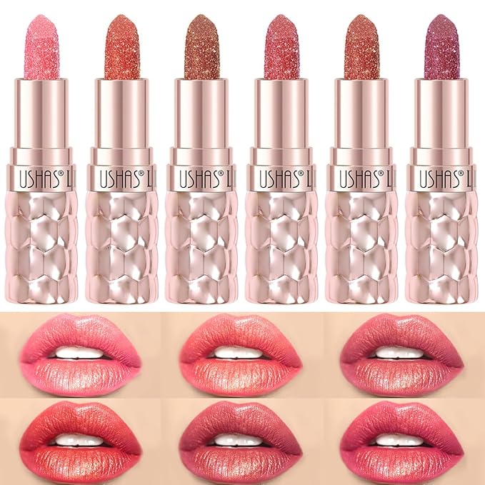 USHAS 6pc Diamond Shimmer Lipstick Set - Dark Red Pink Purple Mauve Glitter Sparkly Glossy Metallic Sparkle Waterproof Lipstick for Women (6 Count (01-06), Pack of 1)