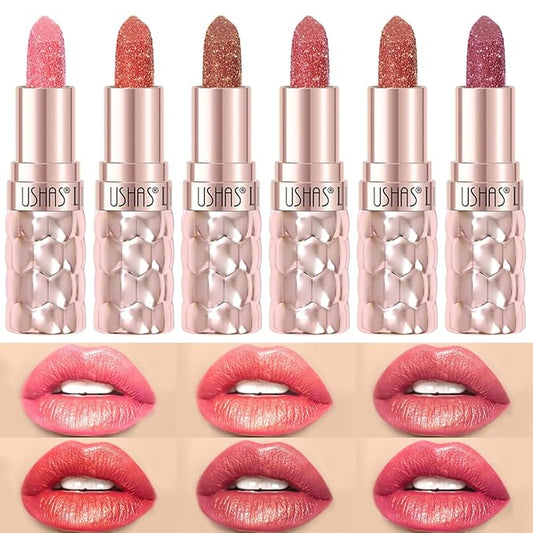 USHAS 6pc Diamond Shimmer Lipstick Set - Dark Red Pink Purple Mauve Glitter Sparkly Glossy Metallic Sparkle Waterproof Lipstick for Women (6 Count (01-06), Pack of 1)