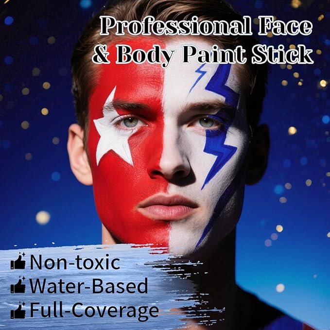 Red White Blue Face Body Paint Stick Set with Translucent Setting Powder and Sponges, Full Coverage Face Painting for 4th of July Pride Independence Day or America's Patriotic Veterans Events