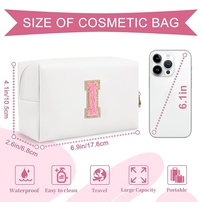 Personalized Makeup Bag Initial A-Z Preppy Patch Bag,Small PU Leather Travel Cosmetic Bag Pouch with Zipper,White Cute Toiletry Bag,Gift Ideal for Teen Girls Women Birthday Friend Mom,Letter I