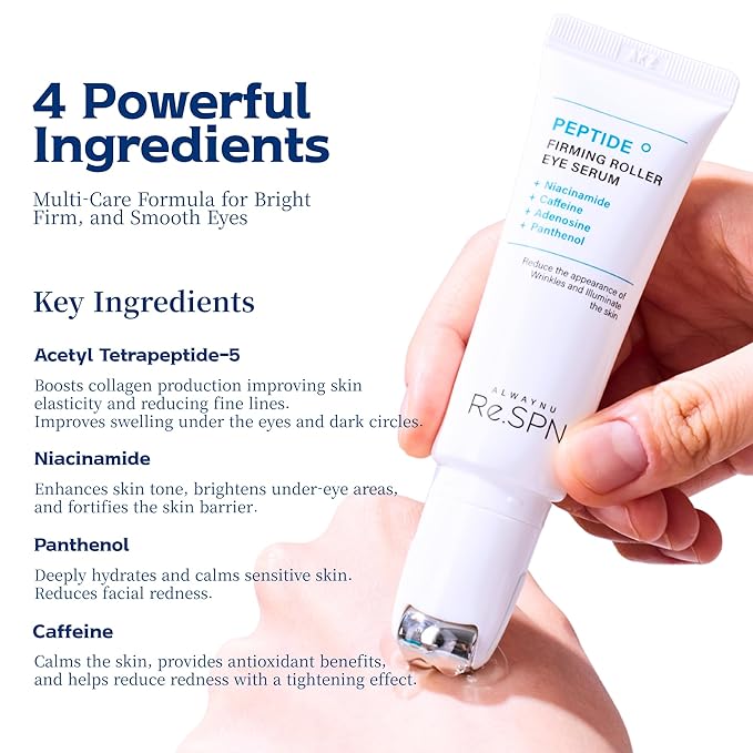 Re.SPN Peptide Firming Roller Eye Serum – For Puffy Eyes, Wrinkles & Dark Circles, Cooling Gua Sha Metal Applicator with Niacinamide, Vegan K-Beauty (0.67 fl oz)