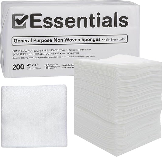 Essentials Non-Sterile Gauze Sponges - 200 Count, 4-Ply, 4'' x 4'' Pads, Non-Woven, Wound Care Product for First Aid Kit/Medical Facilities