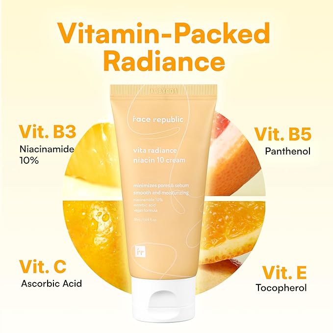 Face Republic Vita Radiance Niacin 10 Cream 50ml 1.69 fl oz | Revitalizing, Natural Coverage | Niacinamide 10%, Ascorbic Acid, Panthenol, Vitamins | Silky Finish | Vegan Korean Skincare