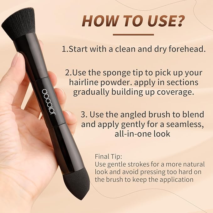docolor Dual-Ended Hairline Powder Brush, Hair Contour Brush with Sponge Tip, Makeup Brush for Seamless Blending, for Hair Contouring, Root Touch-ups, and Beard Coverage Vegan & Cruelty-free