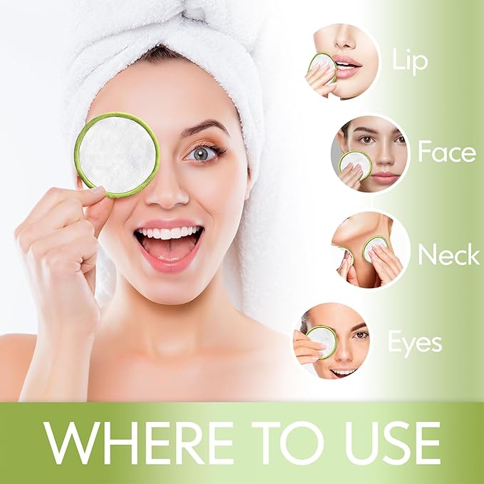 Reusable Cotton Rounds 20Pcs - 100% Natural Bamboo Cotton Pads for Face, Makeup Remover with Laundry Bag and Bamboo Holder (Green)