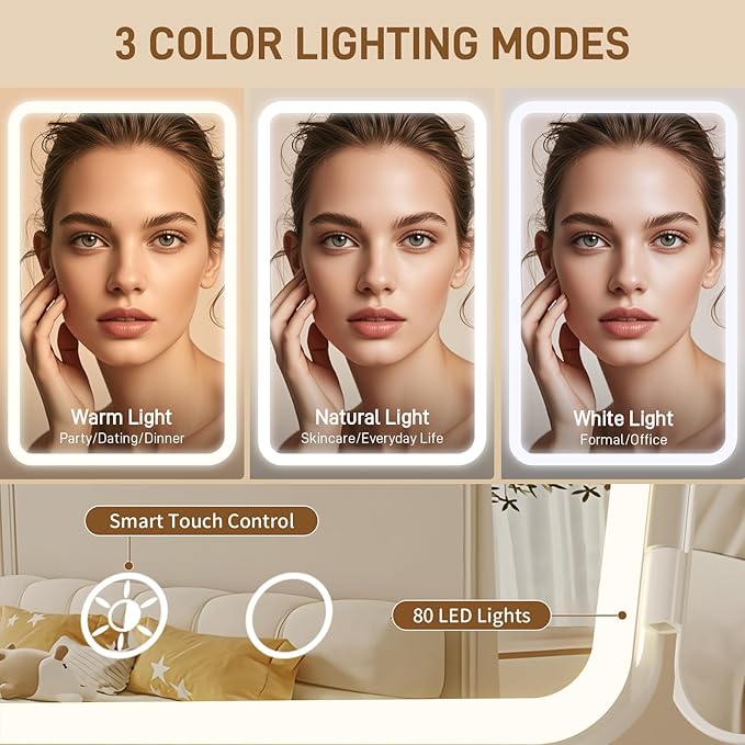 Vanity Mirror with Lights, Rechargeable Lighted Makeup Mirror with 1X/3X/5X Magnification, Smart Touch 3 Colors Dimmable, Portable Trifold Light Up Mirror for Travel, Gifts for Women Girls