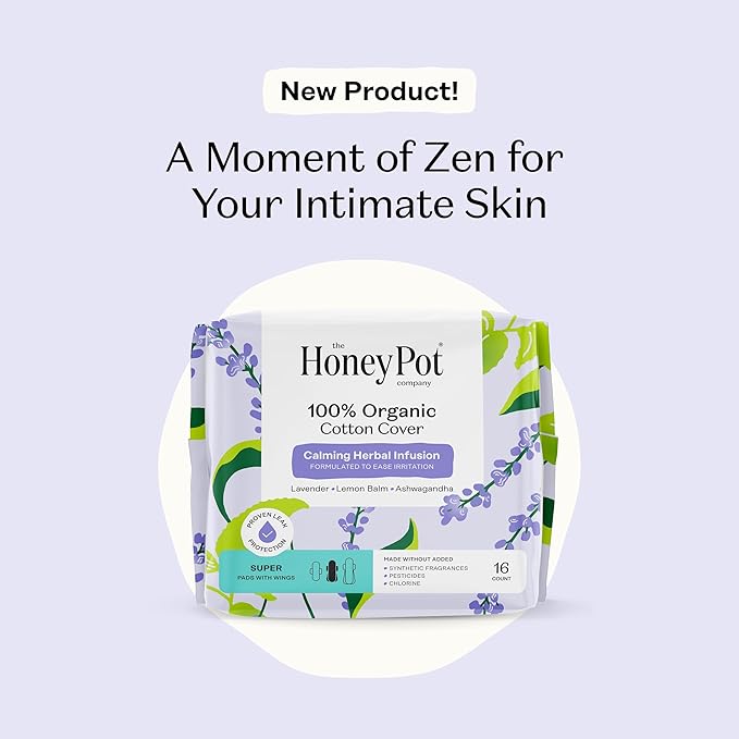 Honey Pot 100% Organic Cotton Cover Calming Herbal Infusion Super Pads, 16 Count