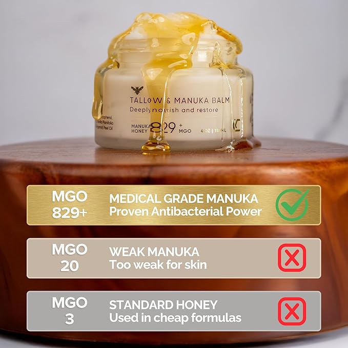 100% Organic Grass-Fed Beef Tallow and Manuka Honey Balm, Natural Moisturizer Cream for Face & Body, Eczema Relief Cream, Moisturizer for Dry Skin, Pure Tallow Face Moisturizer for Sensitive Skin, 4oz