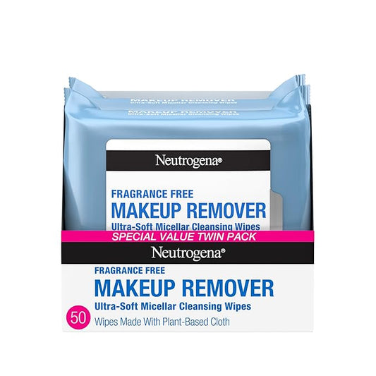 Neutrogena Fragrance-Free Makeup Remover Wipes, Daily Facial Cleanser Towelettes, Gently Removes Oil & Makeup, Alcohol-Free Makeup Wipes, Twin Pack, 2 x 25 ct
