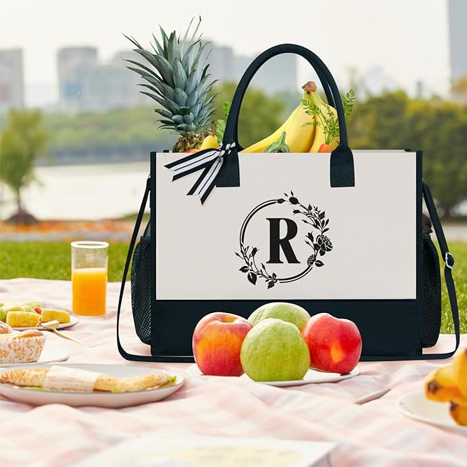 TOPDesign Personalized Initial Canvas Tote Bag, for Wedding, Birthday, Beach, Perfect Gifts for Women, Mom, Teachers, Friends
