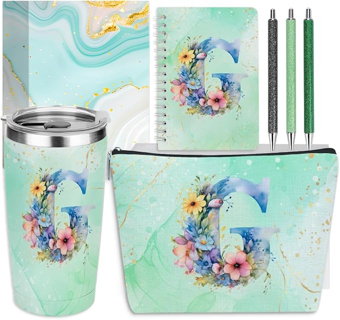 Personalized Gifts Monogrammed Birthday Gifts for Women, Mentor Employee Boss Day Christmas Initial 20 oz Tumbler, Makeup Bag Cup Ballpoint Pens Journal Notebook 6 Set, (Aesthetic Green Flower G)