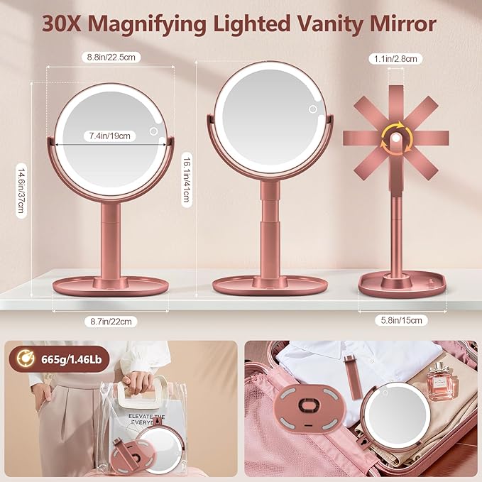 MIYADIVA Makeup Mirror with Lights, 30X Magnifying Mirror with Light and Touch Switch, Vanity Mirror with 3 Color Light and 80 LEDs, Height Adjustable Desk Mirror with Lights, Rose