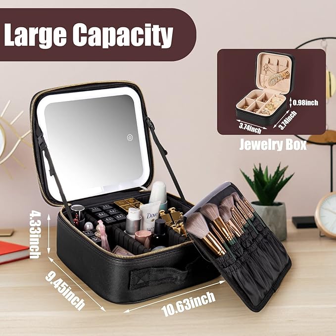 Makeup Travel Train Case with Mirror LED Light 3 Adjustable Brightness Large Cosmetic Bag Portable Storage Adjustable Partition Waterproof Makeup Brushes Make up Jewelry Gift for Women