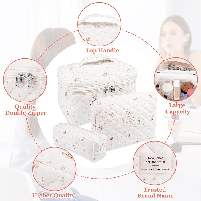 Makeup Bag Set, Quilted Makeup Bag, Large Floral Cosmetic Bag for Women, Cute Cotton Makeup Bags, Flower Travel Toiletry Organizer Bag (Rose Plaid Pattern)