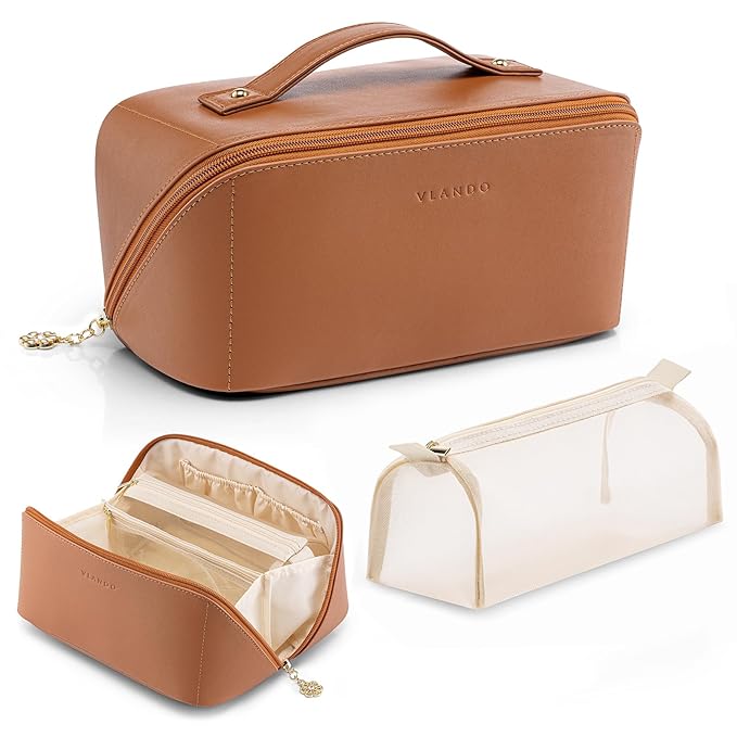 Vlando Travel Makeup Bag,Brown Leather Make up Bag,Portable Toiletry Bag with Divider and Handle,Gifts for Women (Brown)