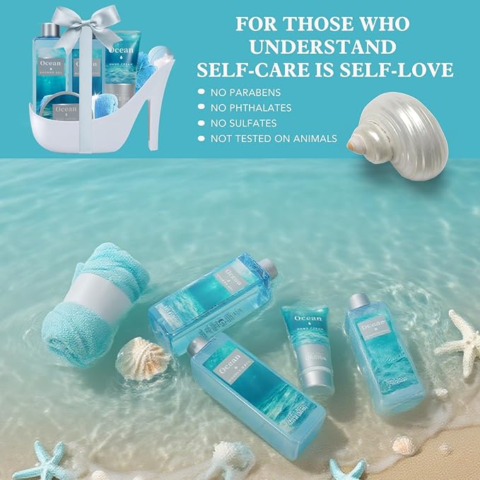 Ocean Bliss Gifts for Women Spa Basket, High Heel Bath Set with Sea Salt Scrub & Refreshing Gel, Birthday, Anniversary Gifts for Her, Best Friend, Sister ASIN B0FJFJ5WJM