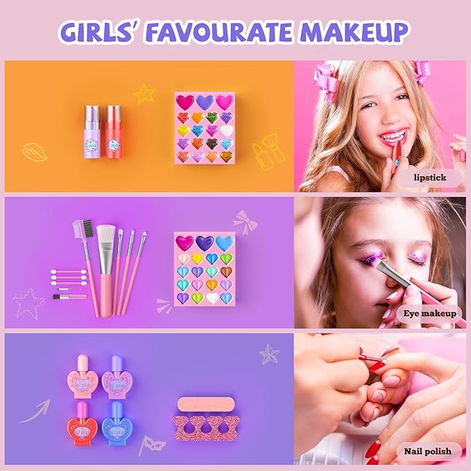 Kids Makeup Sets for Girls, 66pcs Real Cosmetic for Kids Toys with Mirror, Princess Washable Girls Makeup Kit, Non-Toxic & Safe Brithday Gifts for 3 4 5 6 7 8 - 12 Years Old（Pink White）