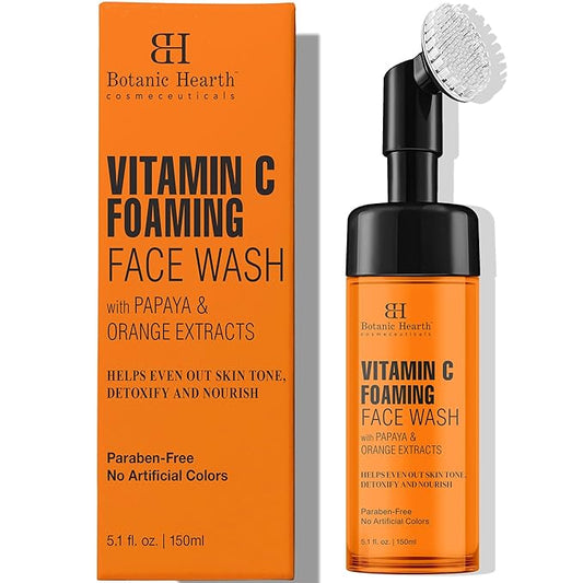 Botanic Hearth Vitamin C Foaming Face Wash With Papaya & Orange | Extracts Built|In Silicone Brush | For Cleansing & Glowing Skin | Paraben & Sulphate Free | Face Cleanser For Women & Men | 5.1 Fl Oz