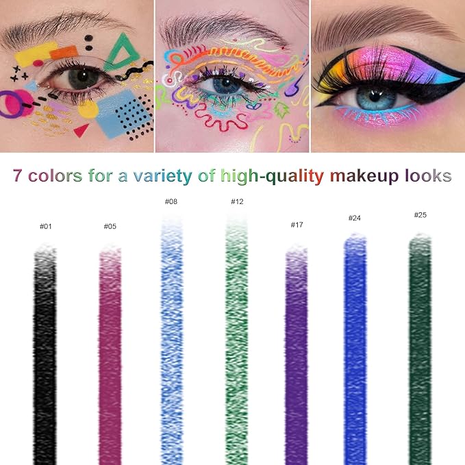7 Colorful Eyeliner Pen Set, Eye Shadow Pencil, Pearl Eyeliner Kit Metallic Glitter Colored Eye liner for Women Eye&Lip Liner Professional Waterproof Eye Makeup (7PCS D)