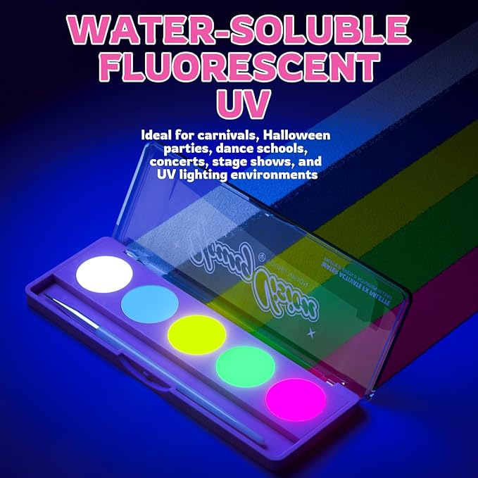 YOUNG VISION 2-PACK Water-Activated Face & Body Paint Palette Set – Neon Fluorescent, Glow Under UV and Blacklight, FX Makeup for Face Painting, Blacklight Glow, Eyeliner, and Body Art