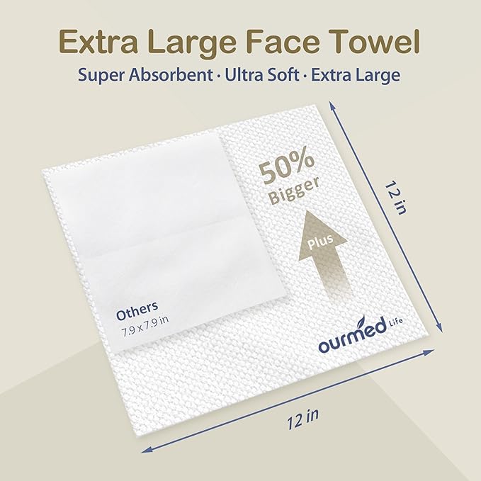 Ourmed Life Face Towels, 12"×12" Tear-Off Disposable Biodegradable Facial Towels for Sensitive Skin, Lint- free Face Wipes for Washing Face, Skincare and Makeup Removal, Dry Wipes, (60 Ct, 1 Pack)