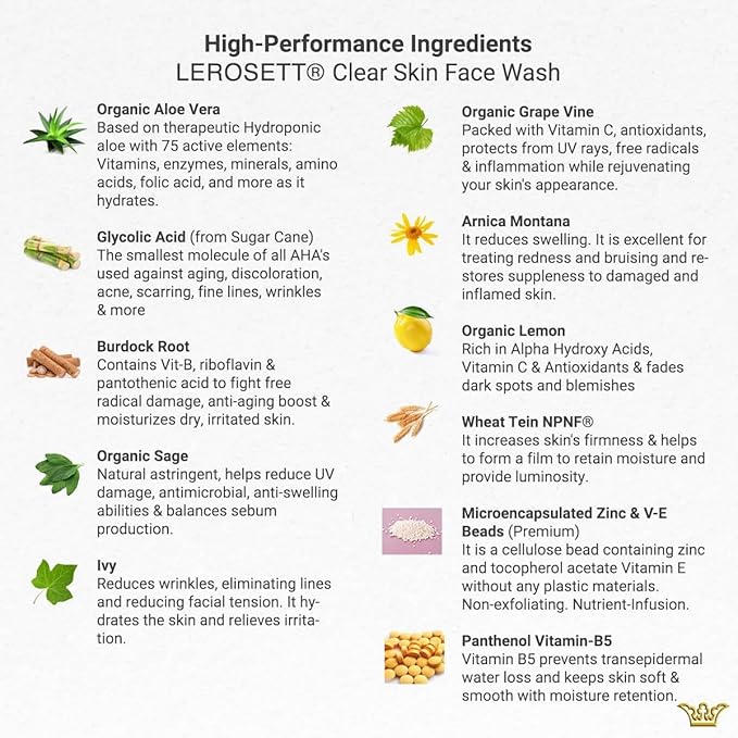 LEROSETT® Clear Skin Face Wash – Gentle Gel Cleanser with 60% Aloe-Rich Botanicals, 4% Glycolic Acid & Vit-E Microbeads – Fights Breakouts, Unclogs Pores, Balances Oil – Spa-Grade, Vegan – 6.7oz