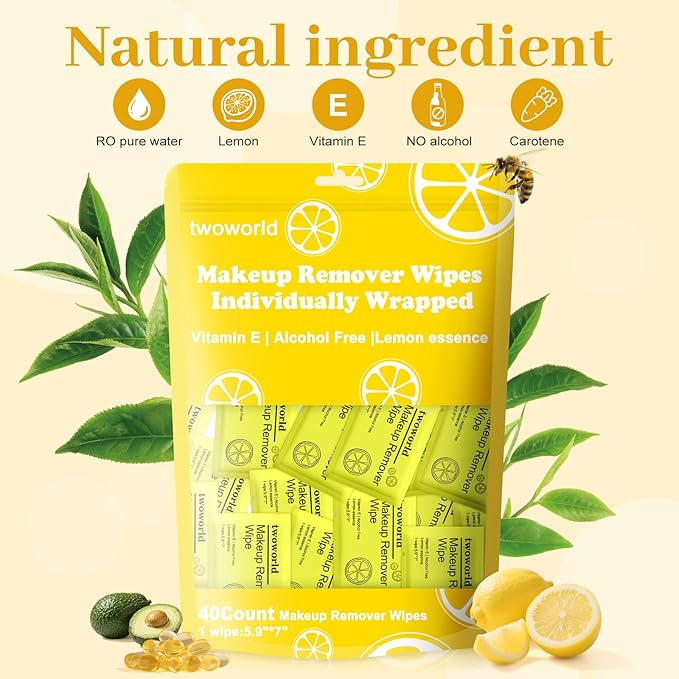 Makeup Remover Wipes Bulk Individually Wrapped,Travel Makeup Wipes Gentle for Face Cleansing Mascara Lipstick Travel Hotel（lemon,pack of 40)