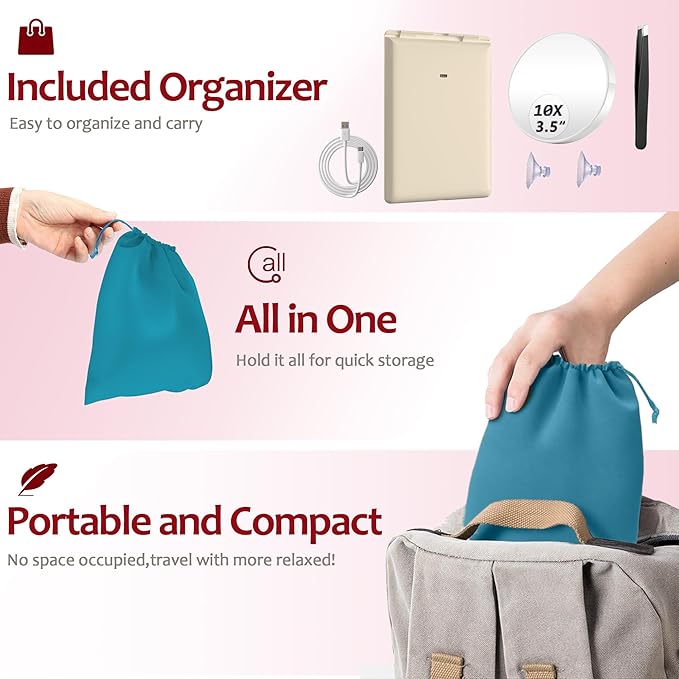 Travel Makeup Mirror with Light, Rechargeable Portable Folding Compact Mirror Set with Tweezer, Lighted Makeup Mirror with 72 LED 3 Color Light Modes, Dimmable Touch Screen LED Mirrors-Cream