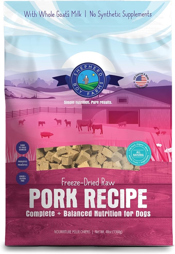 Freeze Dried Raw Dog Food, Pork Recipe, All Natural, No Synthetics, Made in USA with Goat's Milk & Organic Produce, High Protein, Complete Meal (48oz)