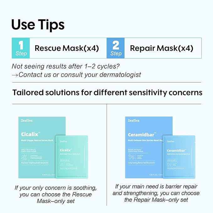 ZealSea Cicalix & Ceramidbar Face Masks Skincare Set, Derm Solution Sheet Mask for Multi-Trigger Sensitivity, Soothing & Calming, Strengthen & Restore Skin, Facial Mask with Cica & Ceramide, 16 Pack