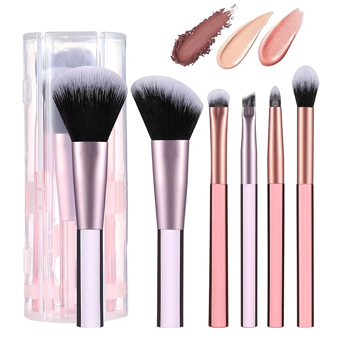 Travel Makeup Brush Set Mini Makeup Brushes For Foundation Concealer Eyeshadow Blush Blending & Buffing Liquid Cream Powder 6PCS Travel Size Complete Function Cosmetic Brushes Kit with Case