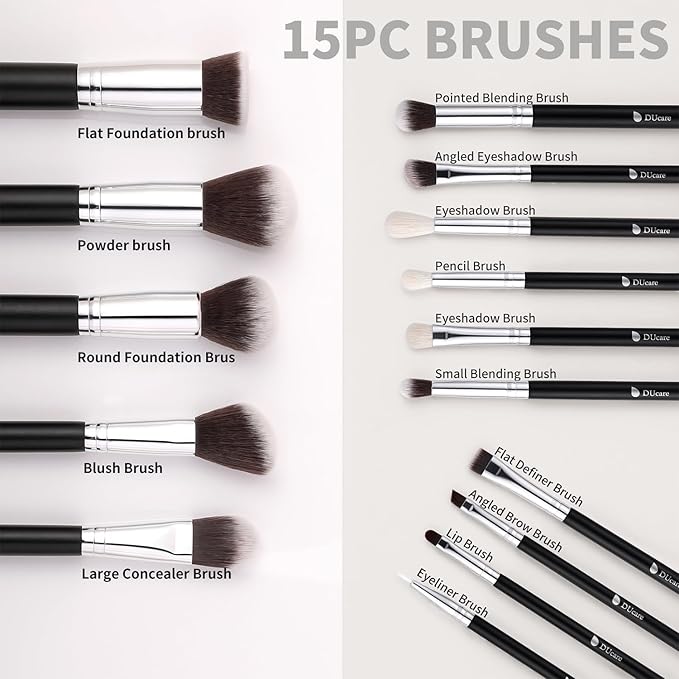 DUcare Makeup Brushes with Bag,15Pcs Makeup Brush Set Christmas Gift Travel Kabuki Foundation Blending Blush Eyeliner Shadow Brow Concealer Brushes Kit Black