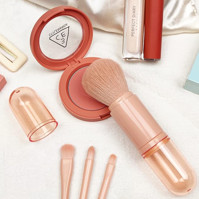Travel Makeup Brushes Set: 4 in 1 Mini Cute Makeup Brush Retractable Professional Foundation Blending Powder Eye Shadow Brush for Women Facial Cosmetics Makeup Brush Set