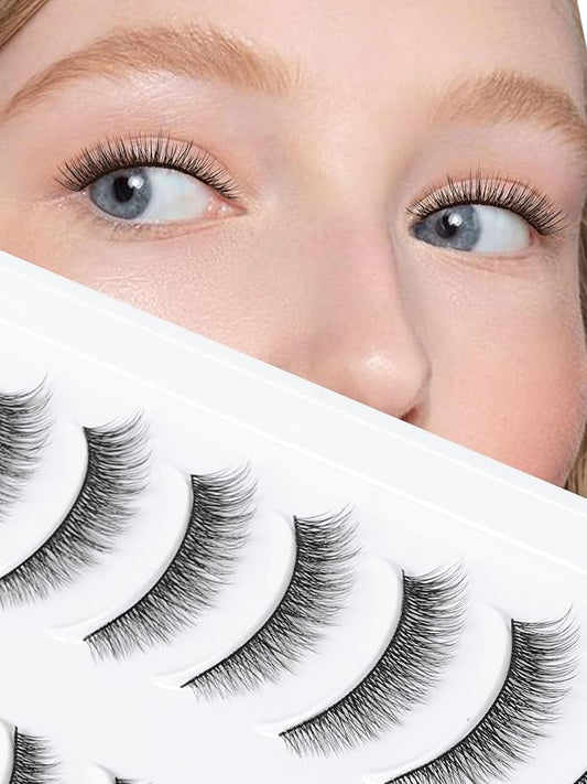 Natural Lashes 7MM Extra Short Eyelashes Natural Cat Eye Lashes 10 Pair False Eyelashes Wispy Eye Lashes Pack C Curl Strip Lashes 3D Volume Short Lashes Siligli Eyelashes