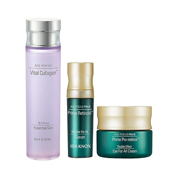 ISA KNOX AGE FOCUS VITAL COLLAGEN Emulsion, PRIME Wrinkle For All Serum & PRIME Eye For All Cream (177 ml/5.99 fl oz) - Korean Skin Care by LG Beauty. Vitamins C, B12 & E.