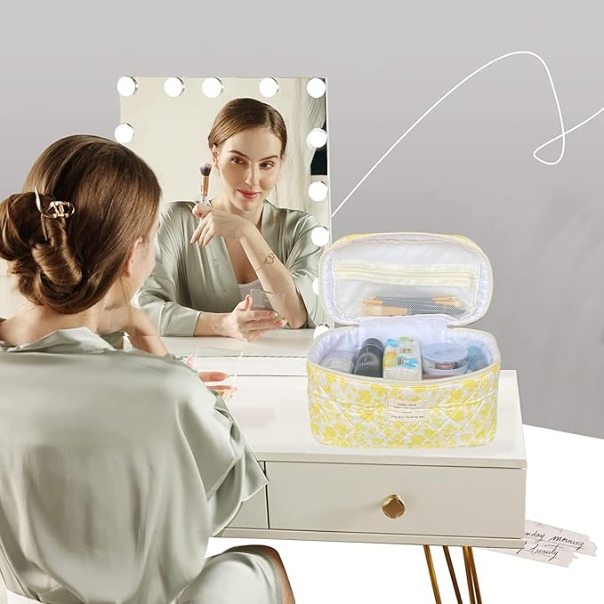 Yellow Large Quilted Floral Makeup Bag Cute Soft Coquette Aesthetic Cosmetic Bag Cotton Travel Toiletry Bag for Women