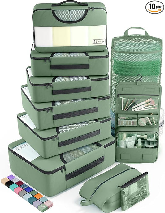 Veken 10 Set Packing Cubes for Travel Essential, Suitcase Organizer Bags in 4 Sizes, Carry-On Luggage Accessories with Large Laundry & Hanging Toiletry Bag, Must-Have for Airplane, Road Trip & Camping