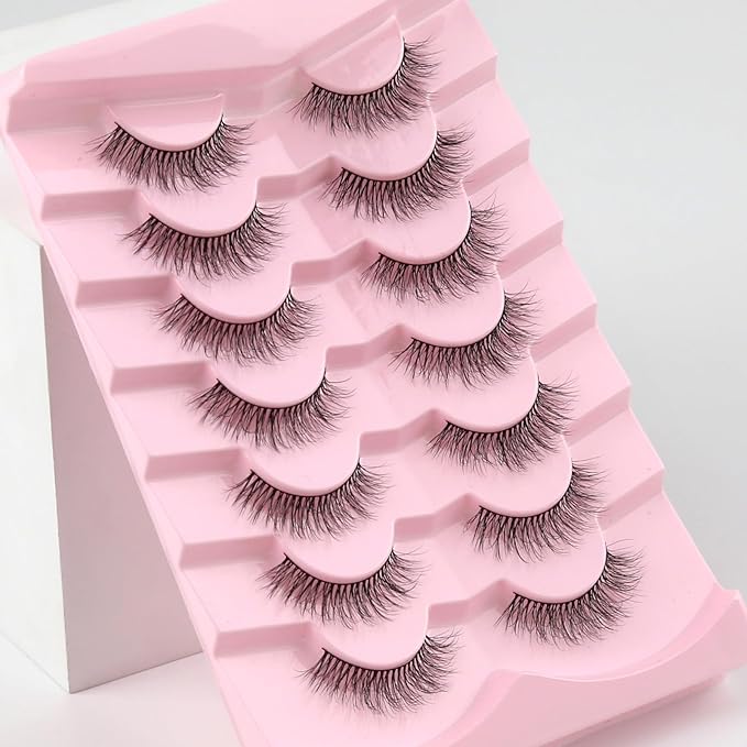 Natural Lashes Eyelashes Wispy 12mm False Lashes 3D Volume Lash Strips False Eyelashes with 0.1MM Thin Cotton Band C Curl Eyelash Pack Siligli 7 Pair