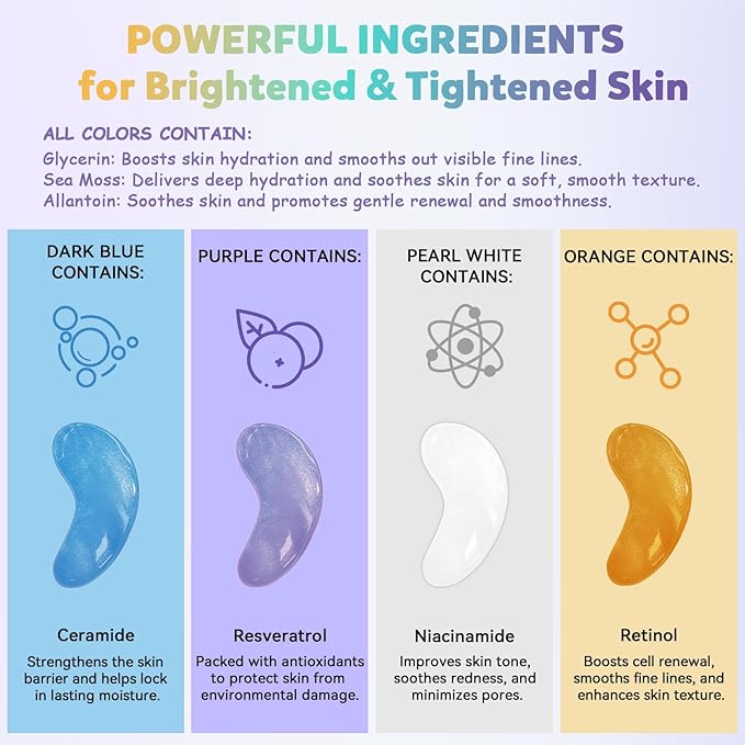 Under Eye Patches Variety Pack (8 Pairs), Eye Masks for Dark Circles Puffy Eyes Undereye Bags With 8 Colors (1 Pairs/Color), Vegan Eye Skin Care Set for Bachelorette Party Favors