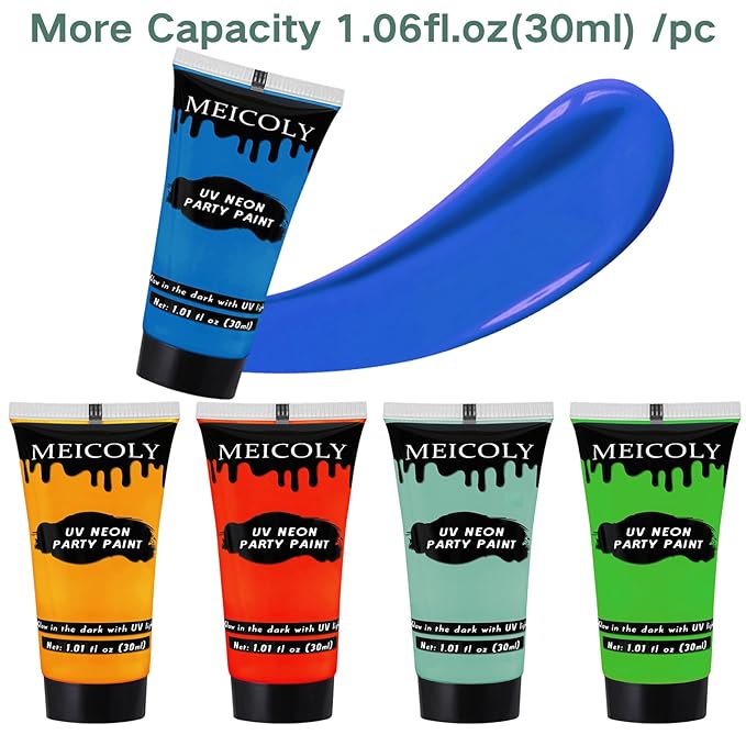 MEICOLY Glow Blacklight Face Body Paint Set,Neon Face Paint Kit,1.06x9oz/Box with Sponges,Blacklight Reactive Paints,Glow in the Dark Body Paint Neon Party Supplies,Neon Fluorescent Face Paint Makeup